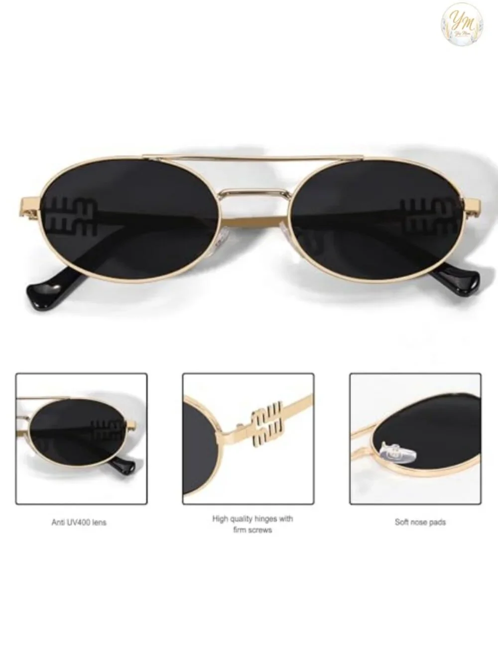 Retro Gold Metal Oval 90s Sunglasses for Women Small UV400 Protection